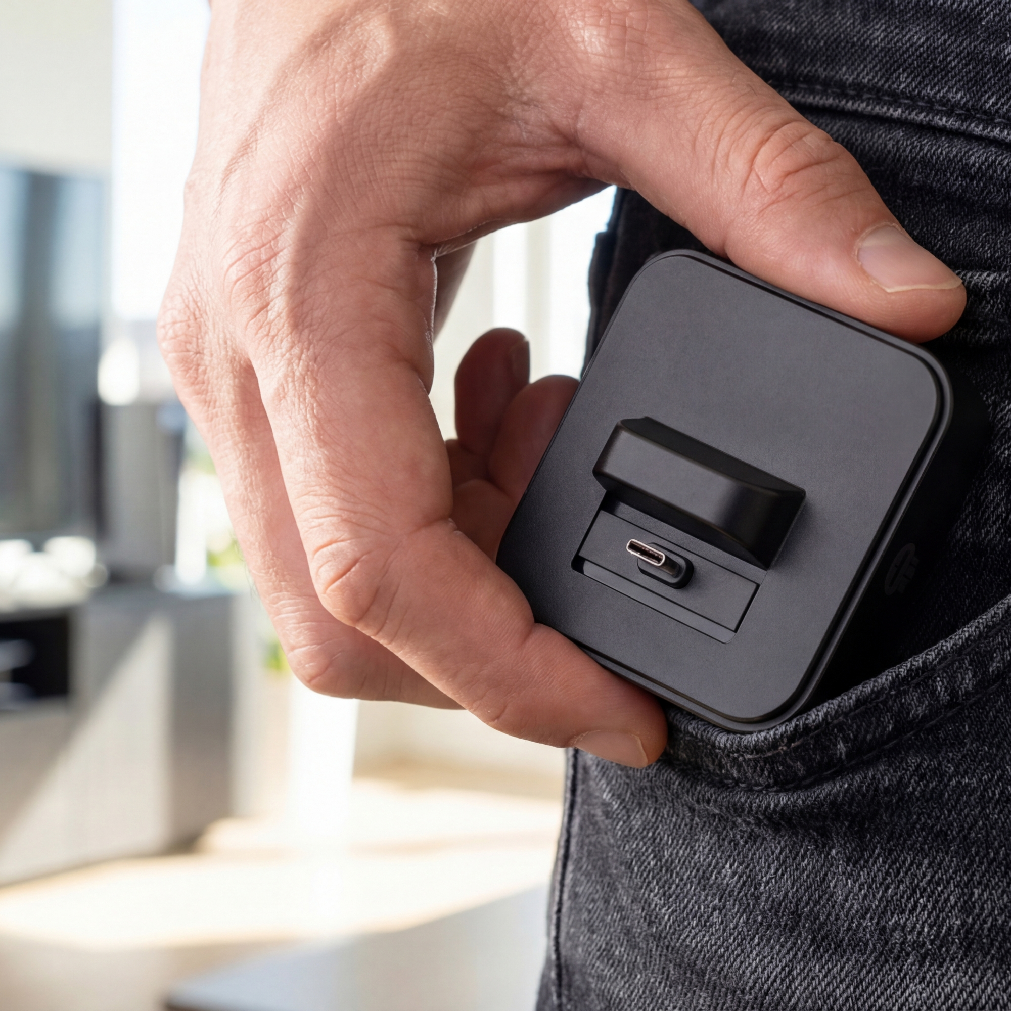 PlayDock dock held in a hand, sliding into a jeans pocket
