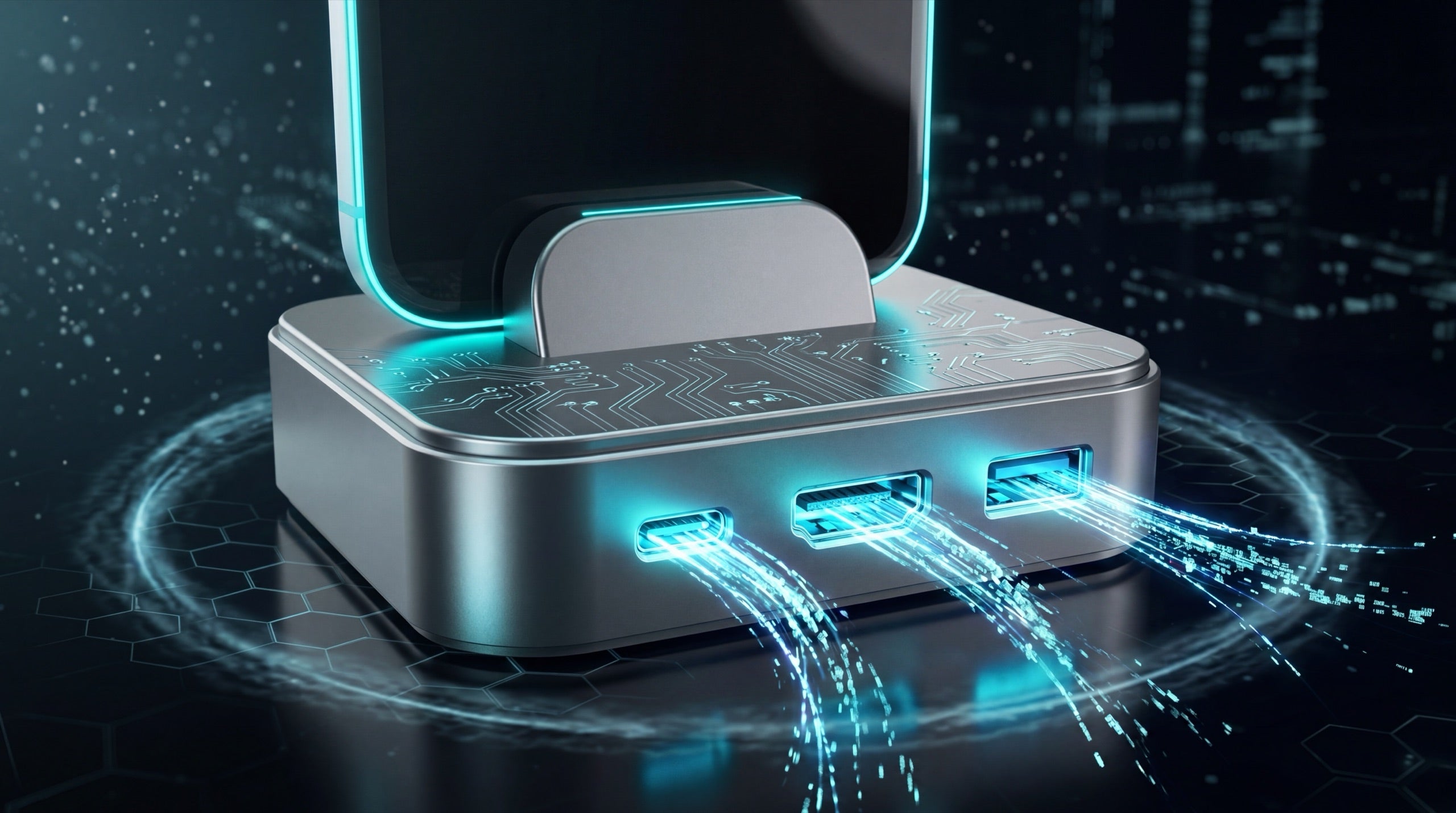Cutaway render revealing the dock's circuit board and USB-C connector under a transparent shell