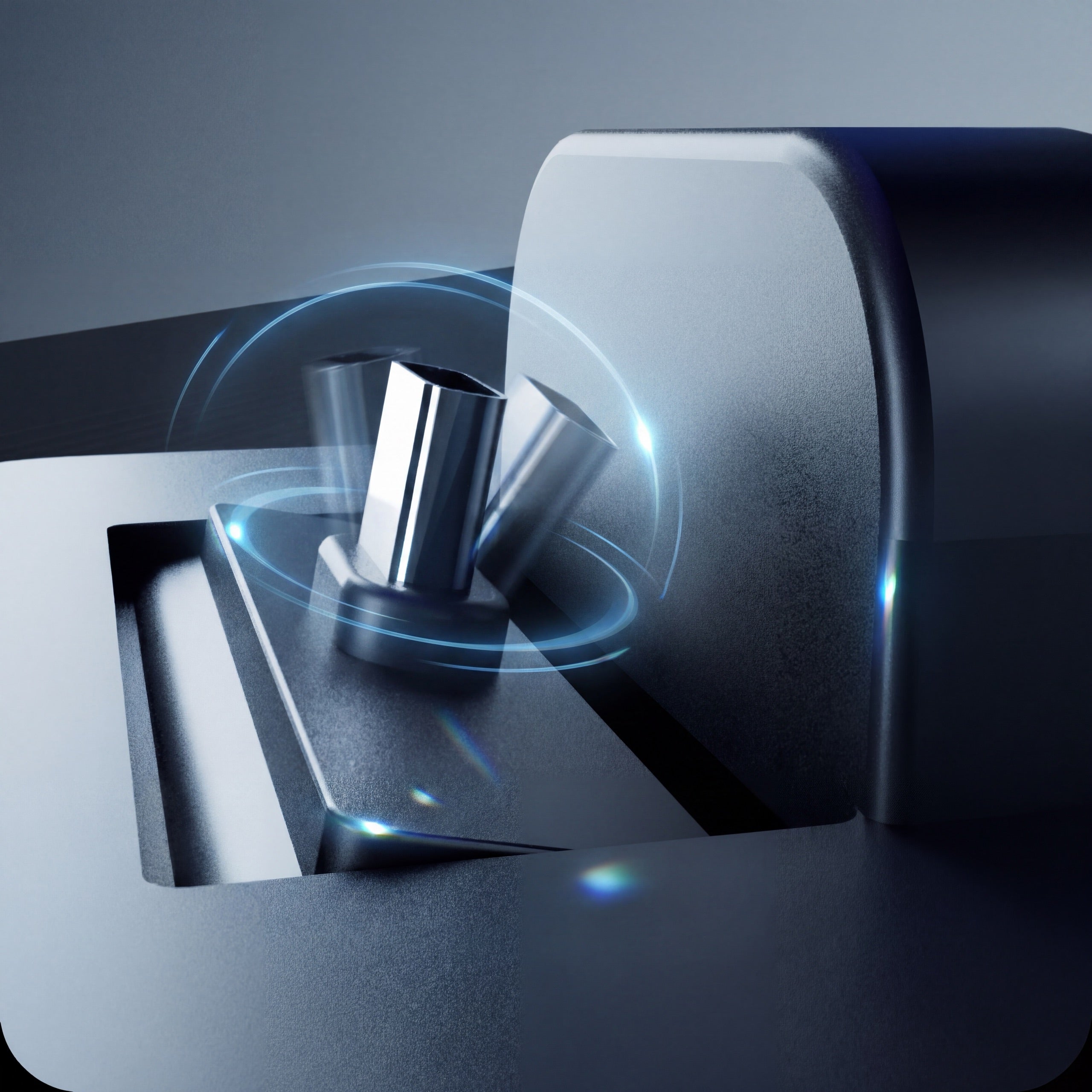 Macro render of the polished metal swivel-flex connector with a glowing motion ring