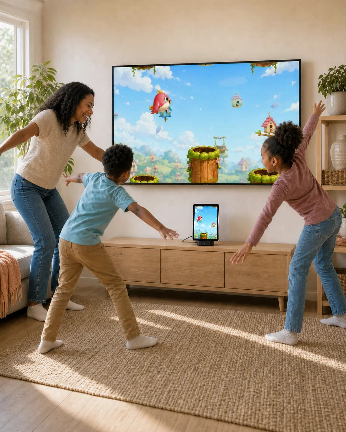 A mother and children play Birdie Bounce on the television with PlayDock below the screen