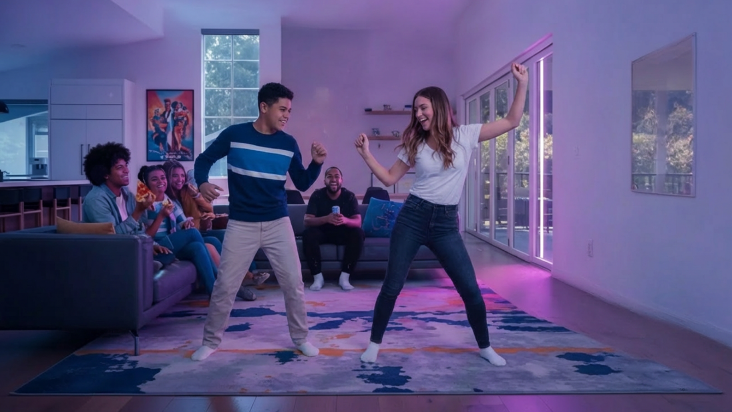 A family dancing and playing together in the living room