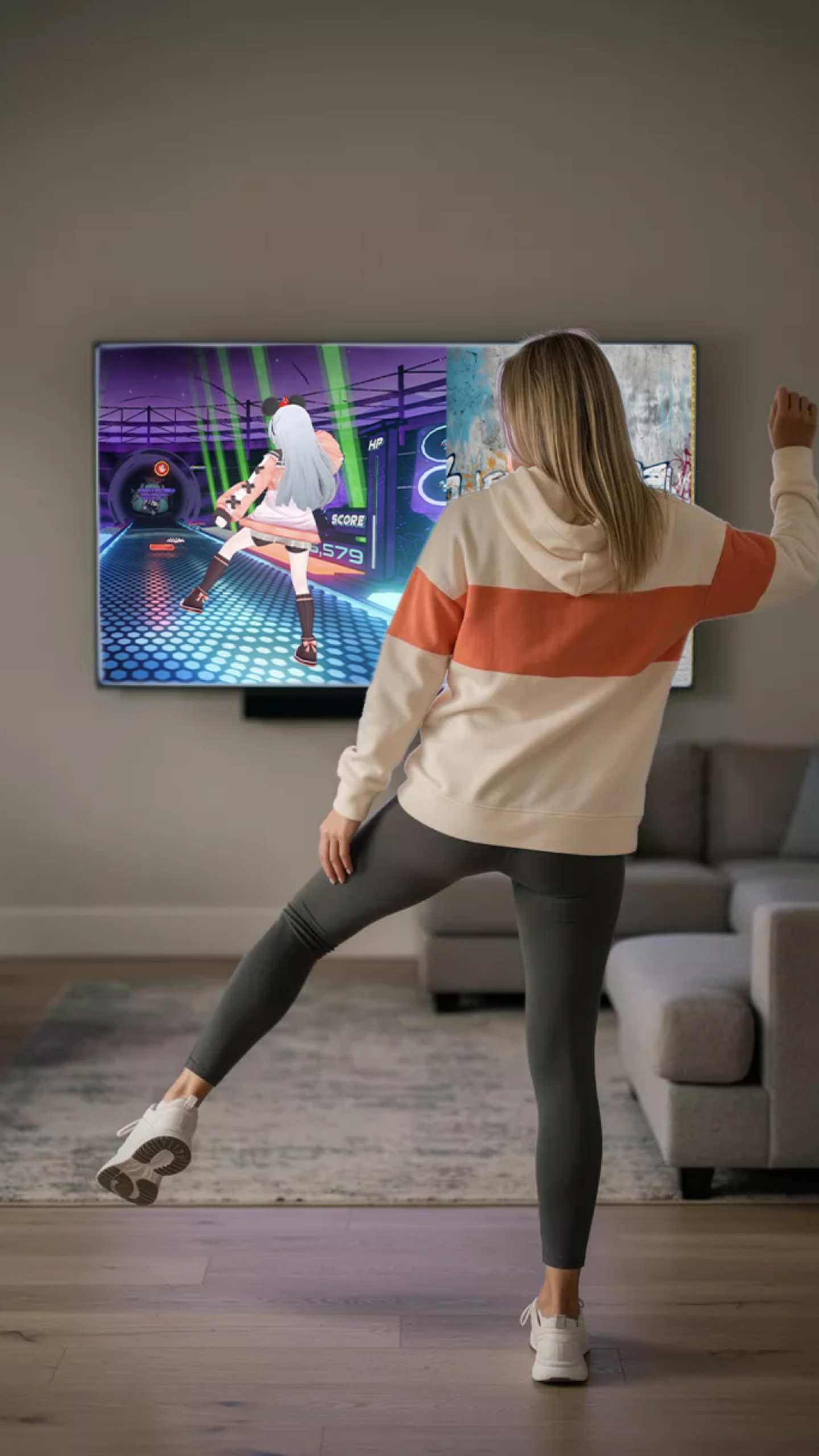 A young player moving to a rhythm game