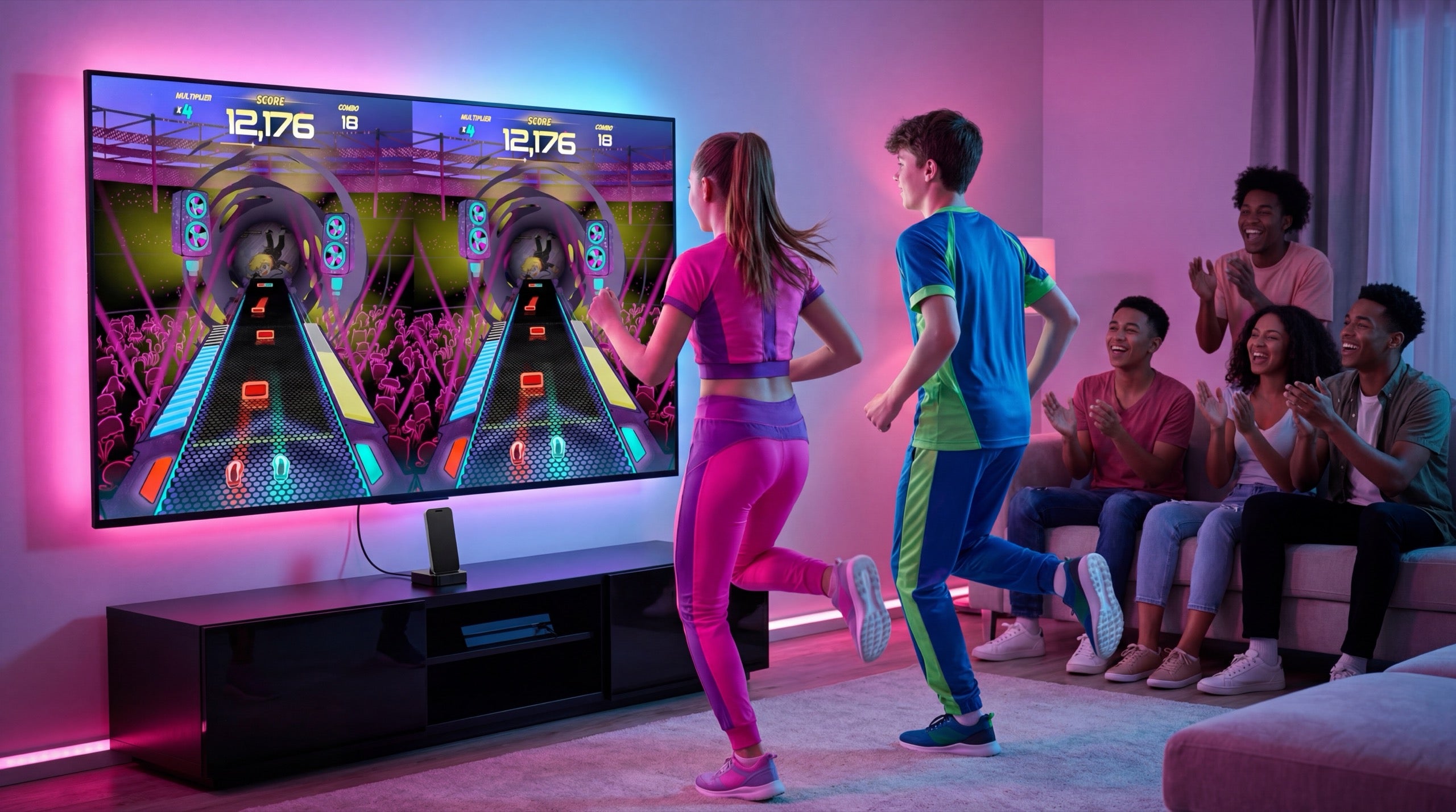Players dancing in a PlayDock rhythm game