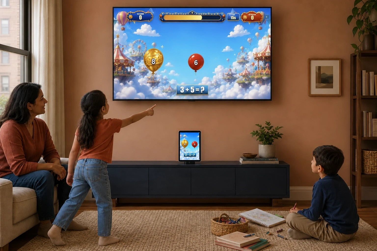 A child points toward a number balloon on the TV while her family watches