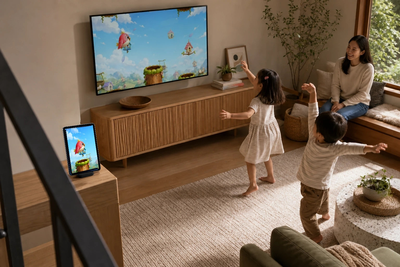 Children move in a bright play space with Birdie Bounce visible on the TV
