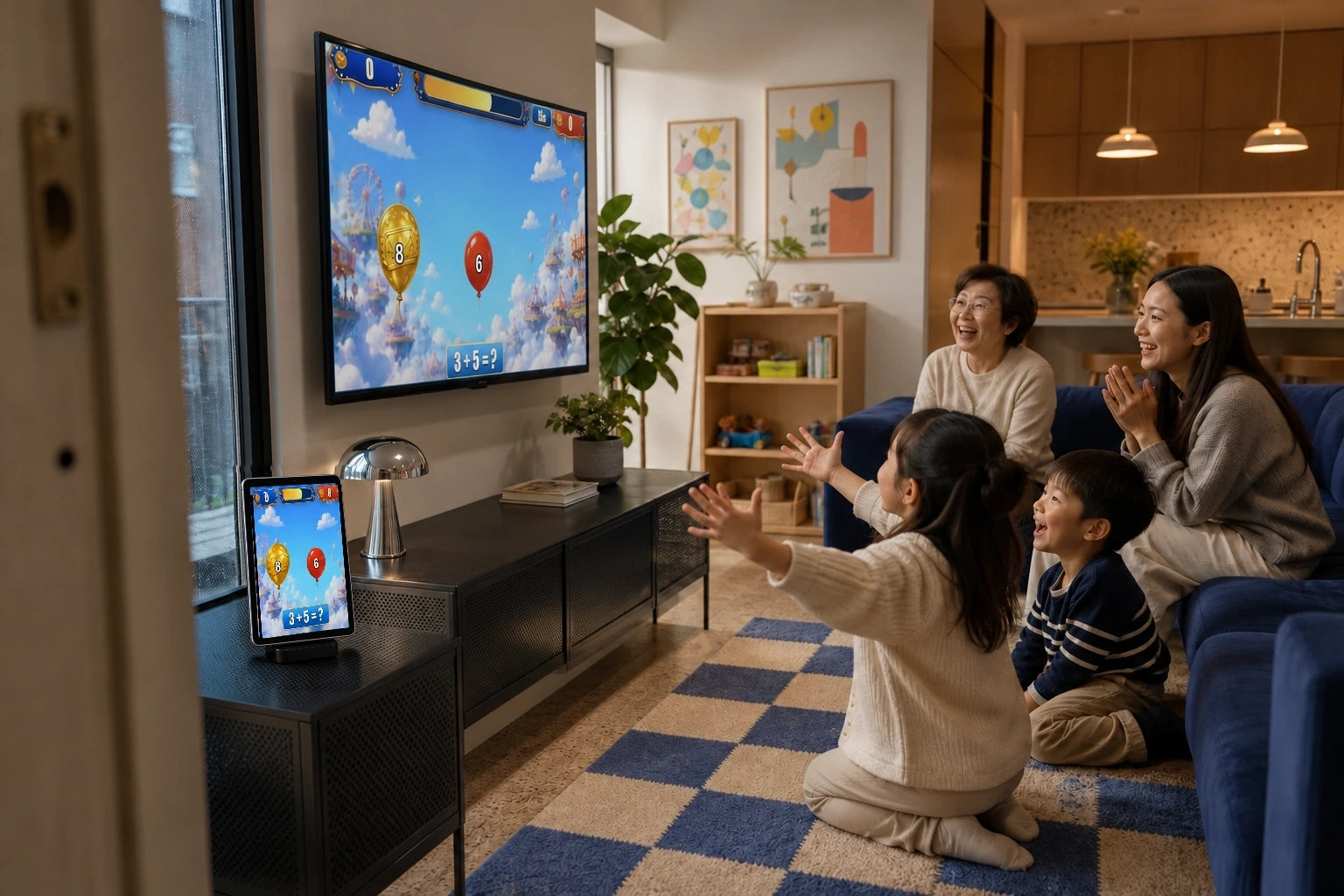 A child reaches toward a balloon game while her family cheers from the sofa