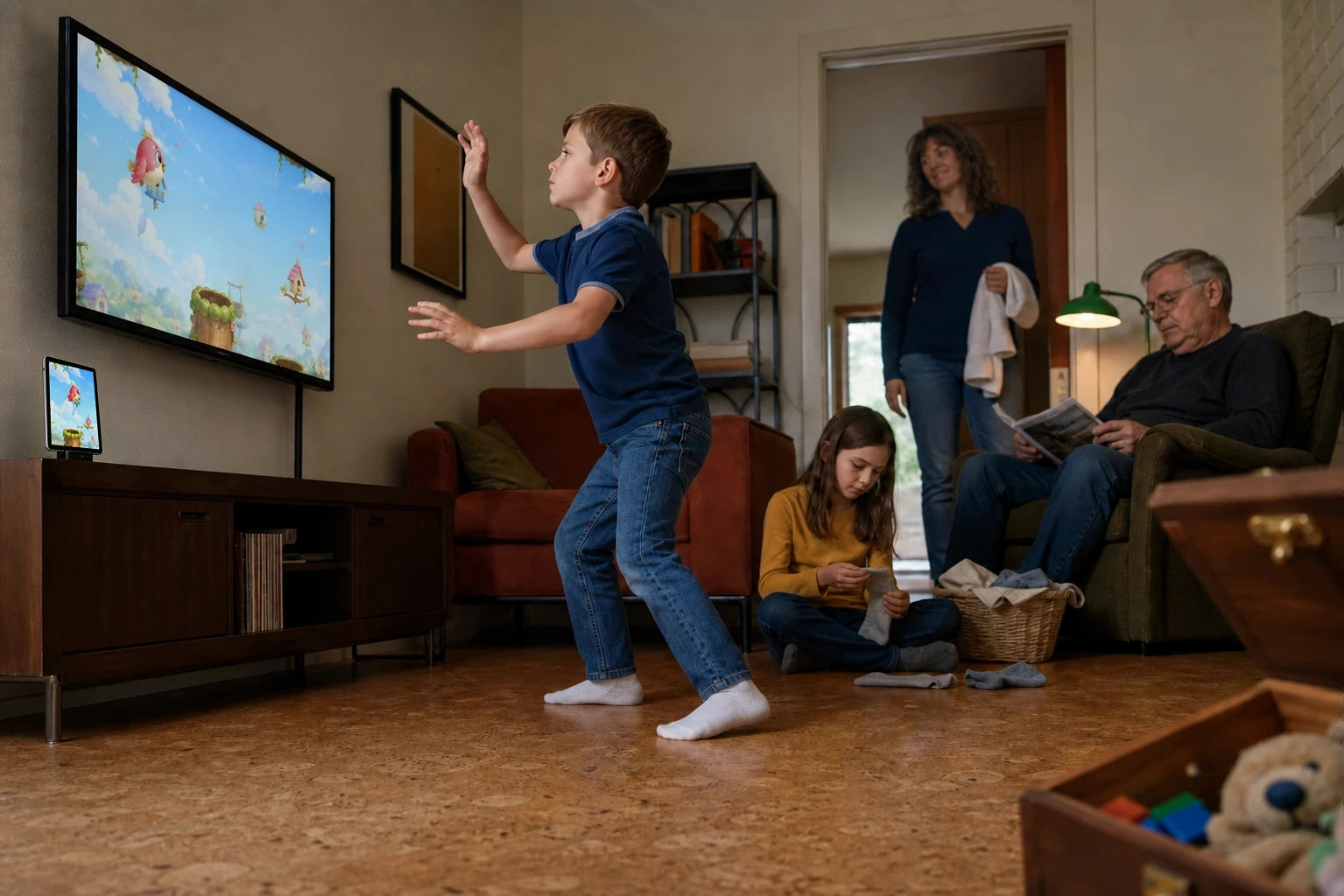 A child plays Birdie Bounce while the rest of the family carries on with a busy afternoon