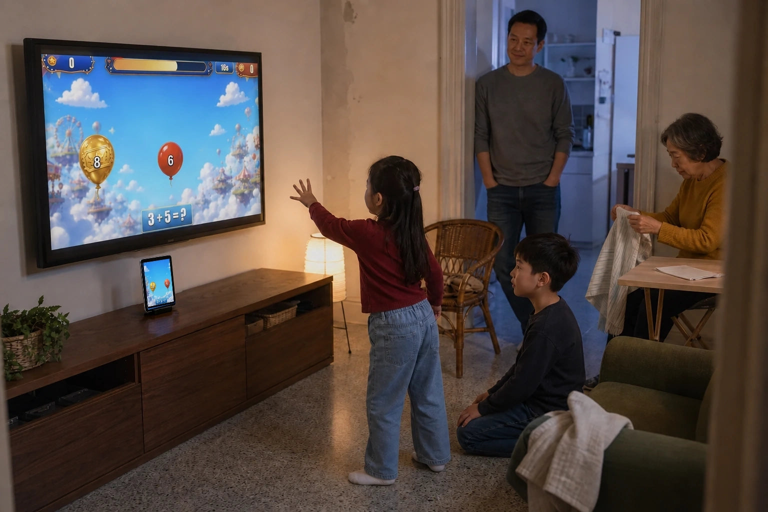 A family gathers around a balloon game on the TV in a cozy evening living room