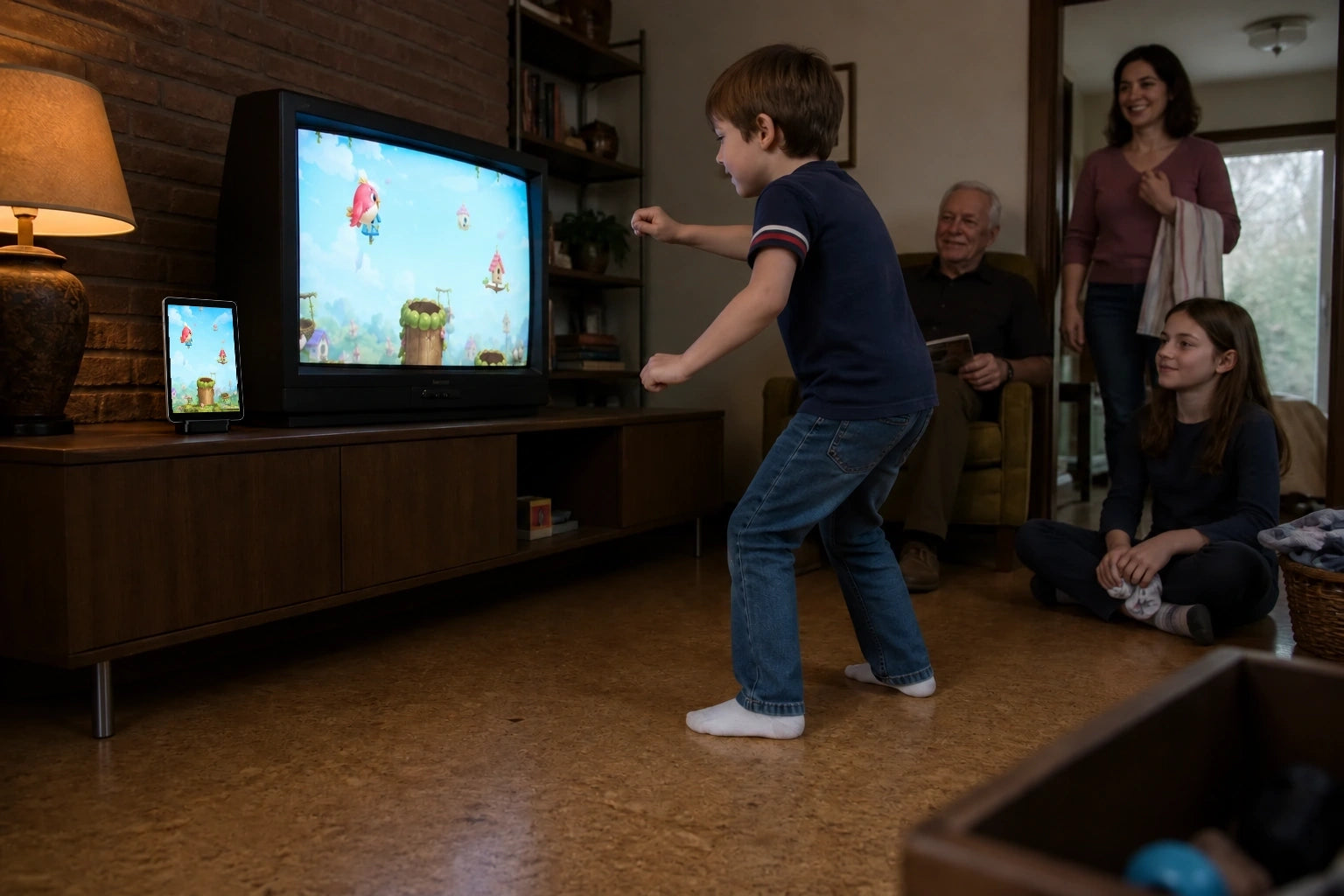 A child plays Birdie Bounce on the TV while the family gathers in a rainy-day living room