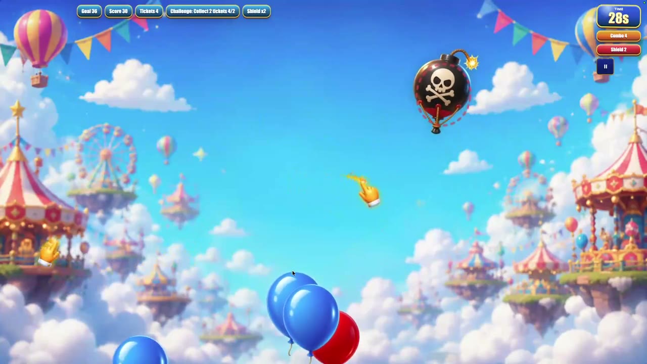 Colorful balloons and on-screen hands fill the play field.