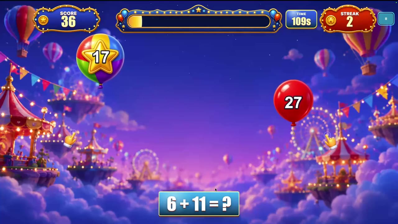 A number question and floating answer balloons give you a choice to make.