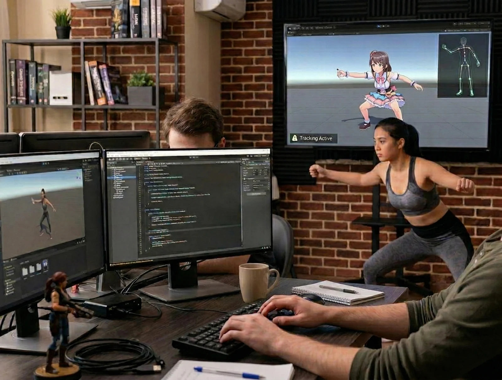 A developer builds a game while a player tests motion tracking on a large screen