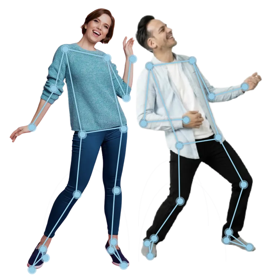 Two players with pose landmarks and skeleton overlays illustrating body tracking