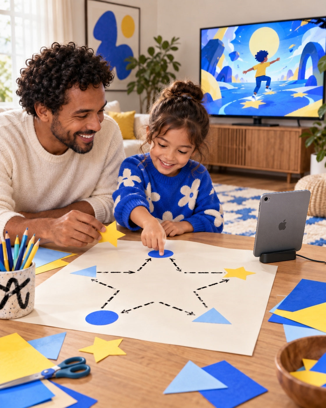 A child and parent sketch a movement game beside an iPad in PlayDock