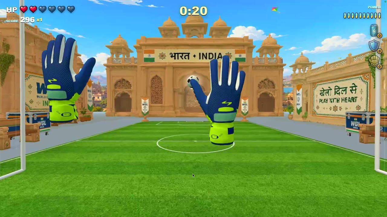 Goalie Rush gameplay shows the gloves, countdown, hearts and power meter.