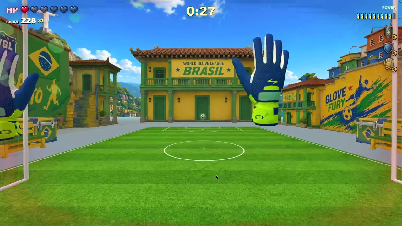 A football approaches the blue goalkeeper gloves in Goalie Rush.
