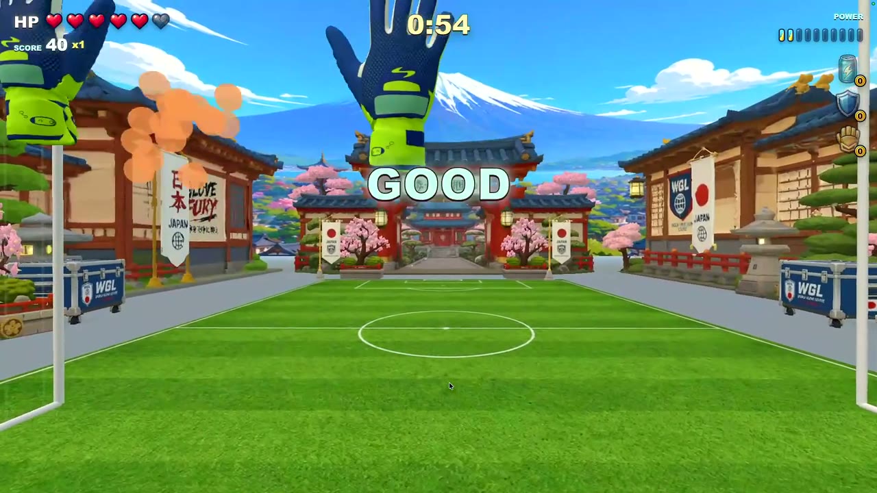 GOOD feedback, a score and a multiplier appear during Goalie Rush gameplay.