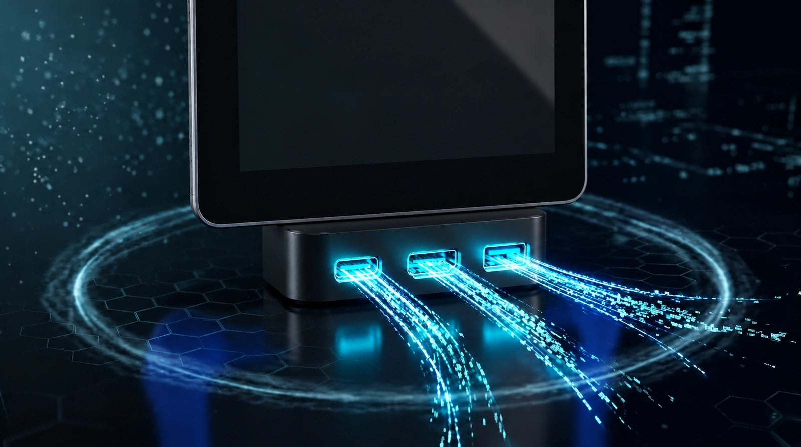 Concept render showing the ports and circuitry inside a compact dock