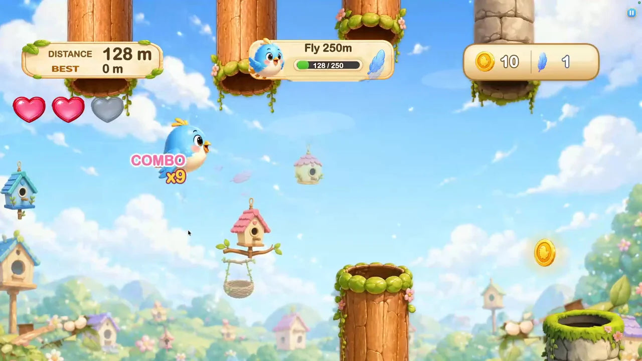 Birdie Bounce gameplay with birds flying through floating islands