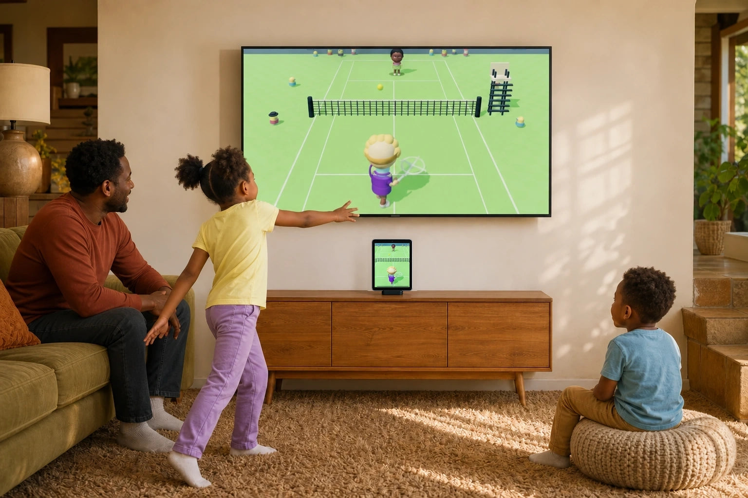 A girl playing Tennis Smash while her family watches, with the game on the TV and an upright iPad in PlayDock