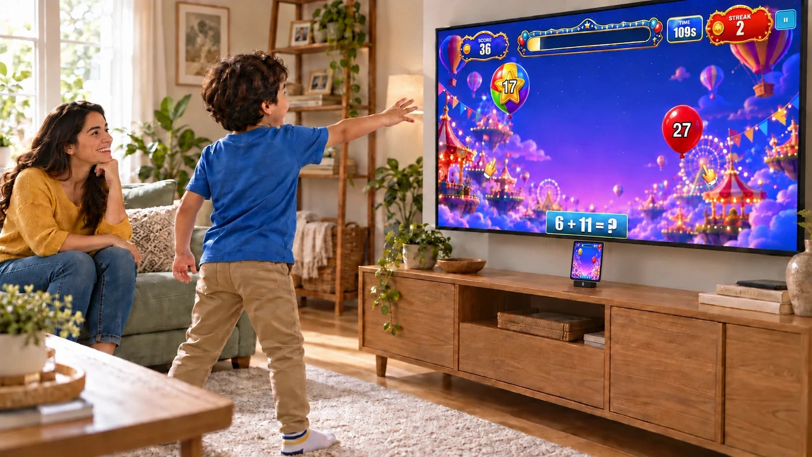 A child plays a motion game on the TV with PlayDock while his mother watches