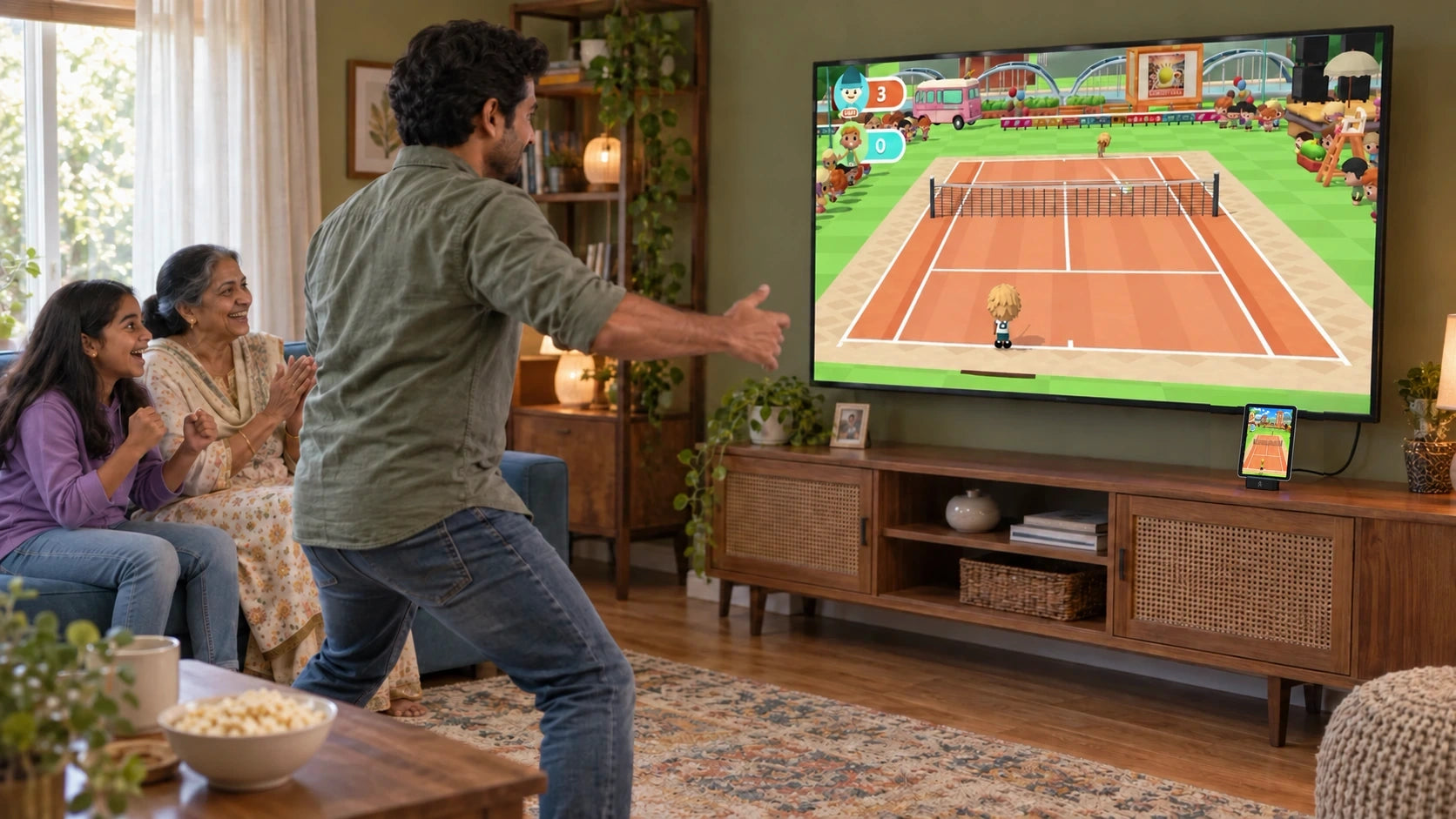A family plays Tennis Smash on the living-room TV
