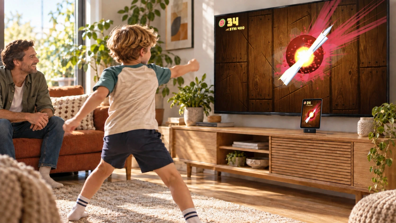 A boy swings his arm to play Fruit Slice on the TV while his father cheers him on