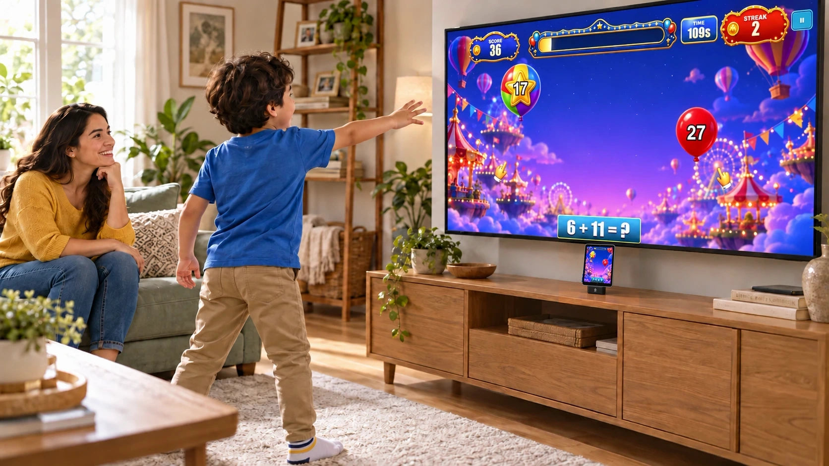 A child plays Brainy Balloons on the TV with a parent