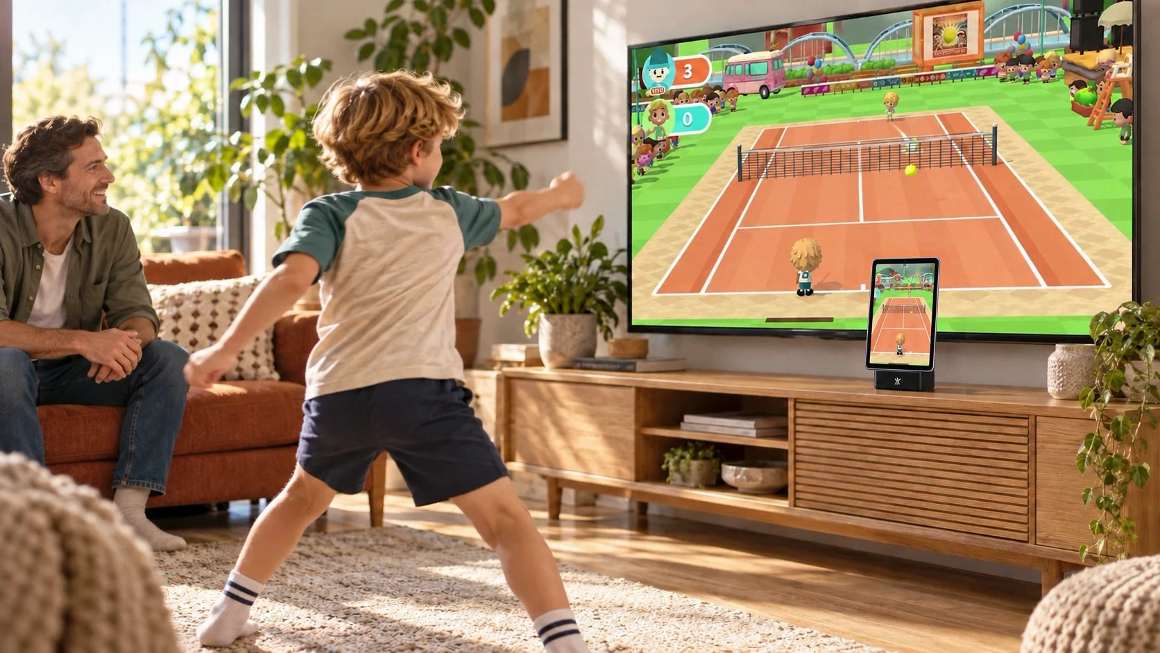 A child plays Tennis Smash on the TV while a parent watches; an iPad rests in PlayDock below the screen
