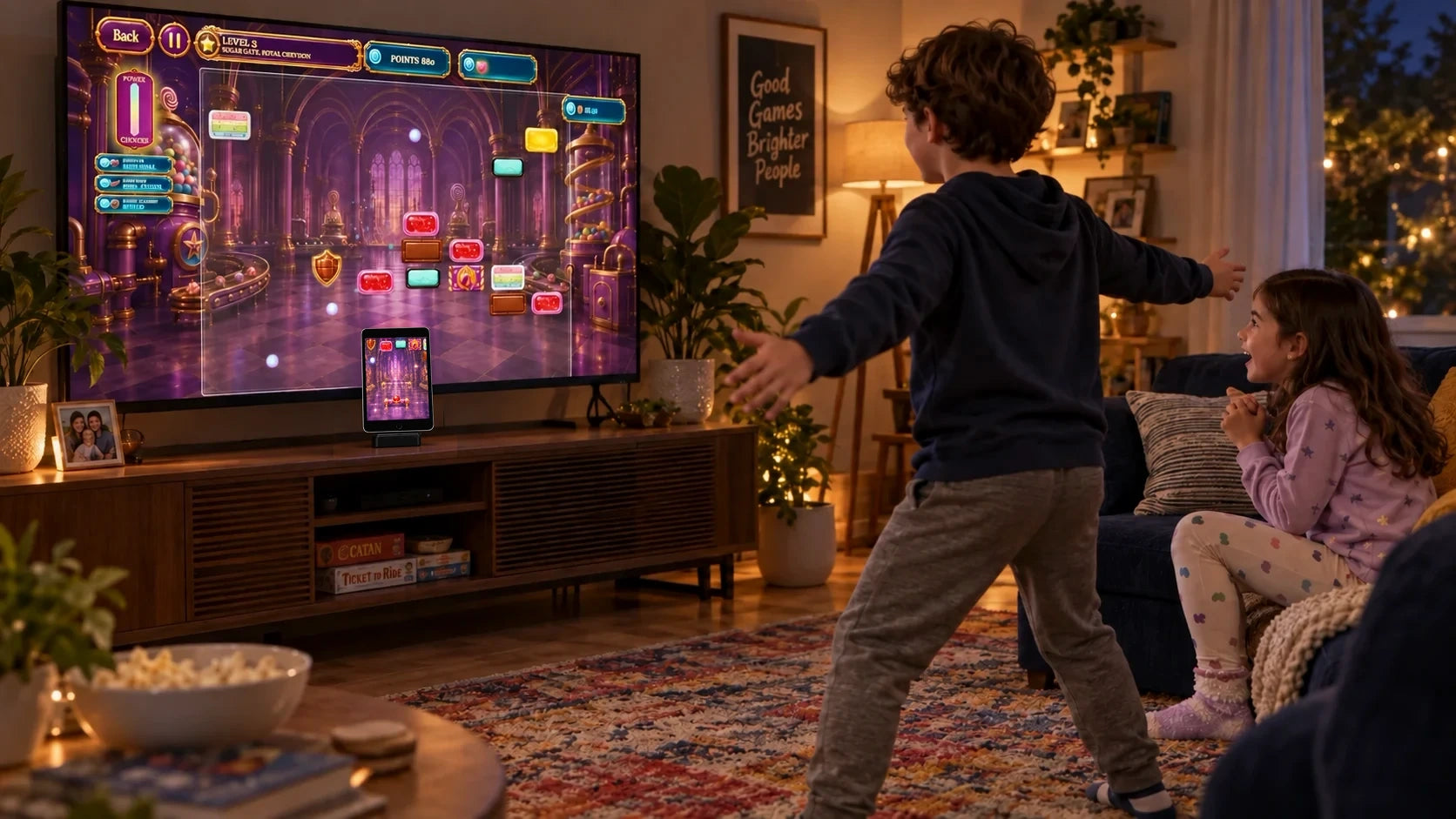 Siblings play Chocolate Chipper on the TV, with an iPad seated in PlayDock below the screen