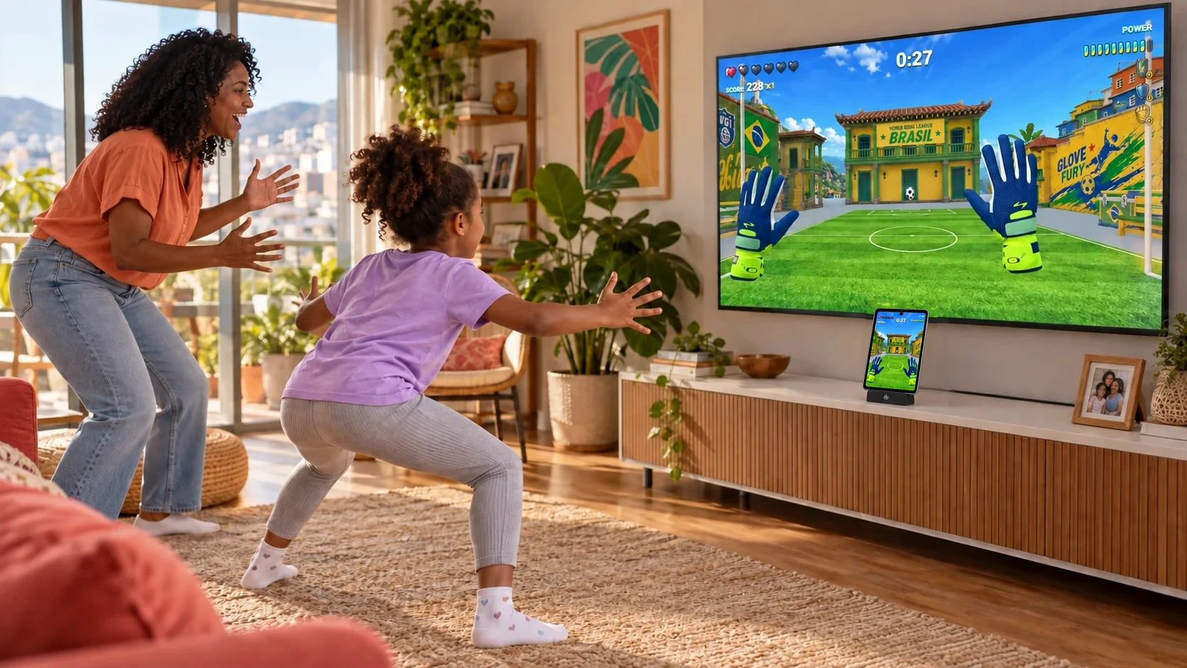 A daughter reaches to make a save in Goalie Rush on the TV while her mother watches, with an iPad in PlayDock below the screen